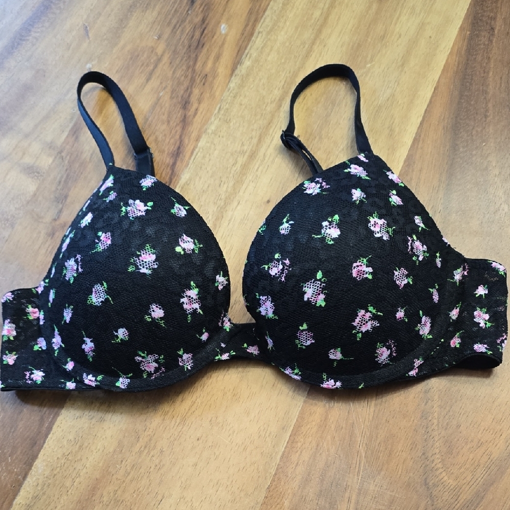 Victoria's Secret "Pink" Black and Pink Bra with Floral Design